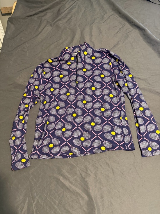 Malabar Bay Tops - Long Sleeve Women's Tennis-Print Tee in Navy and Yellow